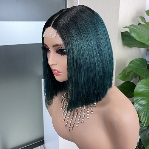 2x6 #1b/Green Colored Straight BOB Lace Closure Virgin Human Hair Wig | Human Hair Wig | Lace Front
